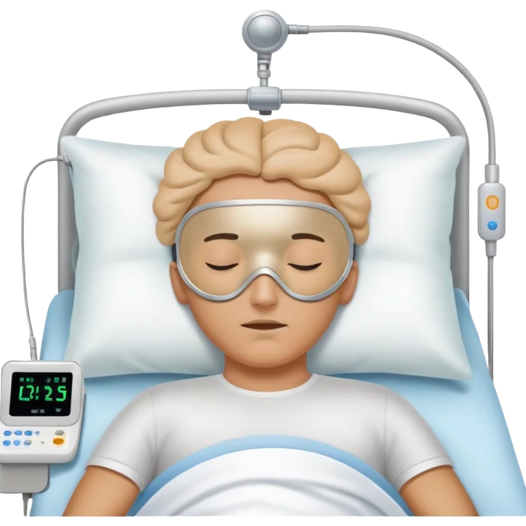 Sleep laboratory with sleep monitoring equipment, bed with person sleeping, brain wave monitors emoji