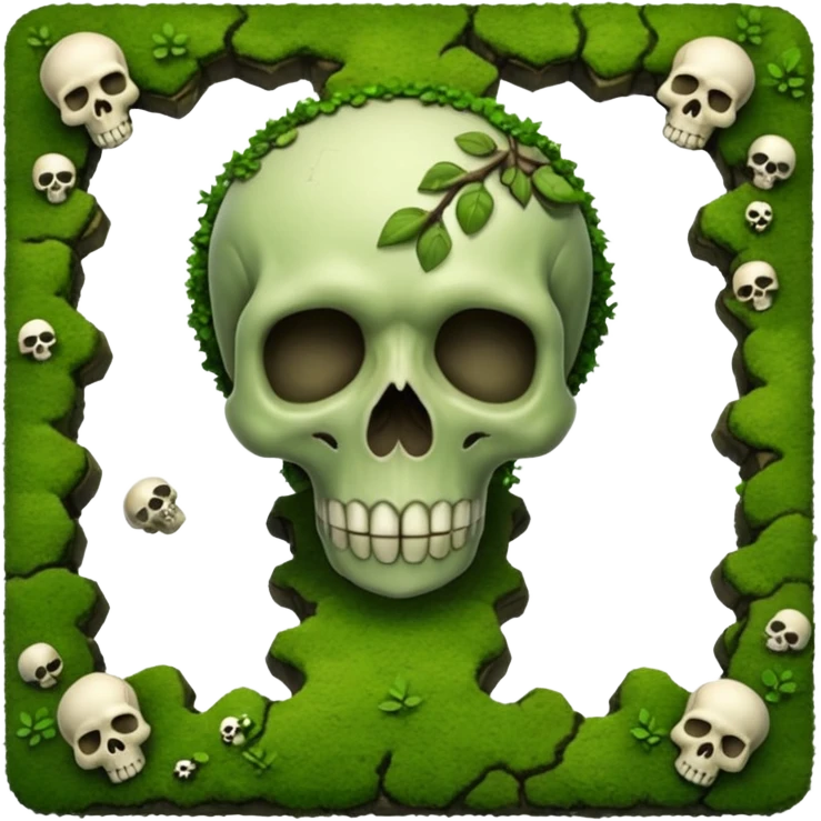 A creepy moss covered ground with skulls from a top down perspective. In the style of your bleeding skull art. In a realistic style covering the whole screen with little tint skulls emoji