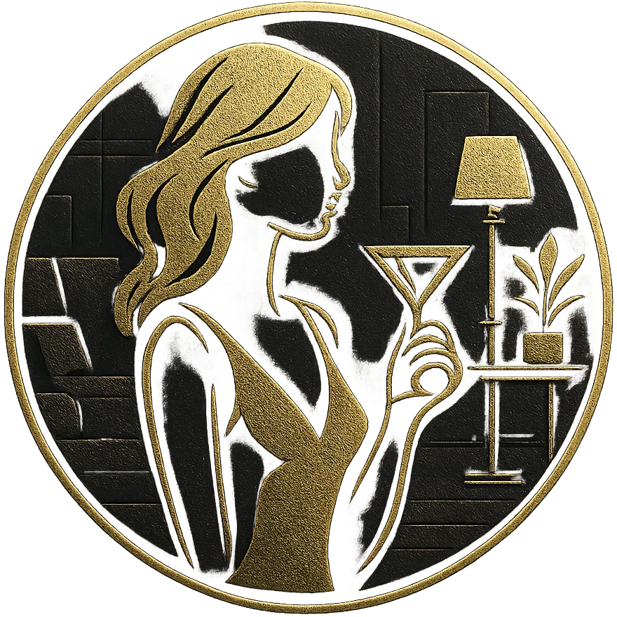 luxurious, elegant logo in a circular shape, featuring the golden silhouette of a woman holding a martini glass. The background includes a stylish modern interior: a cozy couch, a side table with a lamp and a plant. The design uses black and gold colors with a premium, classy aesthetic, perfect for a high-end lounge or adult club branding. Vector-style, clean lines, embossed metallic effect emoji