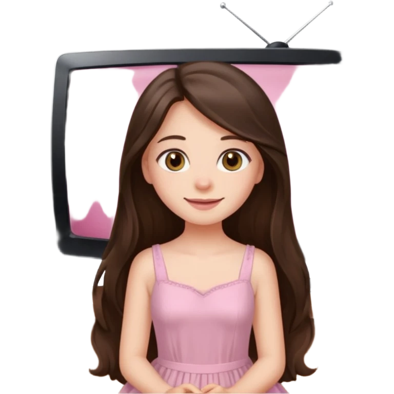 happy long haired brunette girl hazel eyes in light pink watching tv emoji