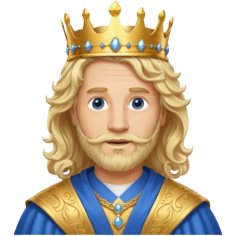 1 Middle-aged white king, 40 years old, blond hair, blond beard, long curly hair, blue eyes, kind and benevolent vibe, gentle smile, wearing a crown and blue robe emoji emoji