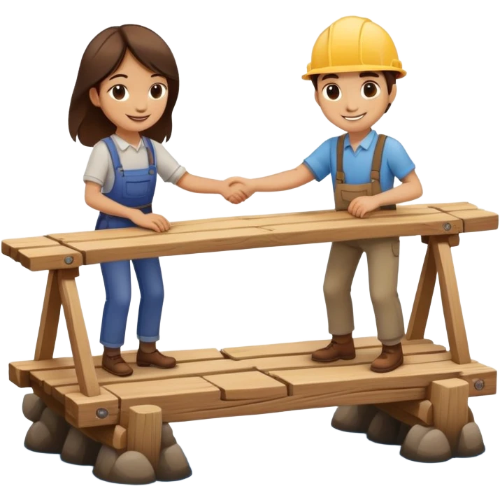 Two people working together on a small bridge, metaphor for building trust emoji