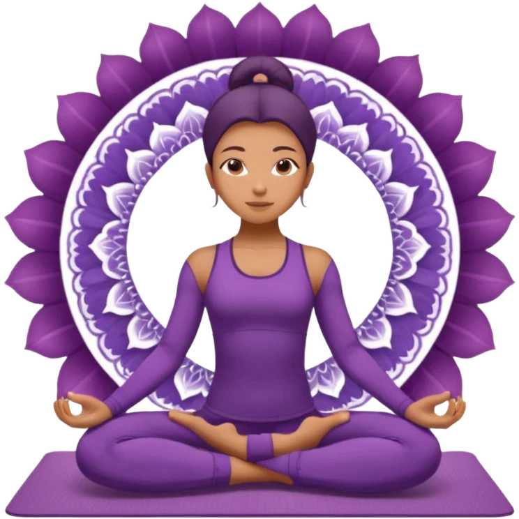 A woman in a purple yoga outfit resting in child’s pose, peaceful feeling, gentle mandala texture in background. emoji