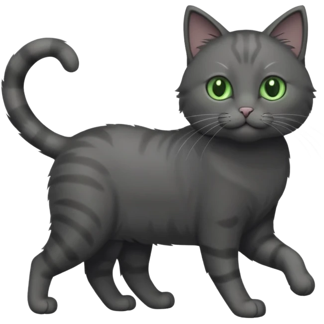 full body solid dark grey cat with green eyes, white paws and white whiskers walking emoji