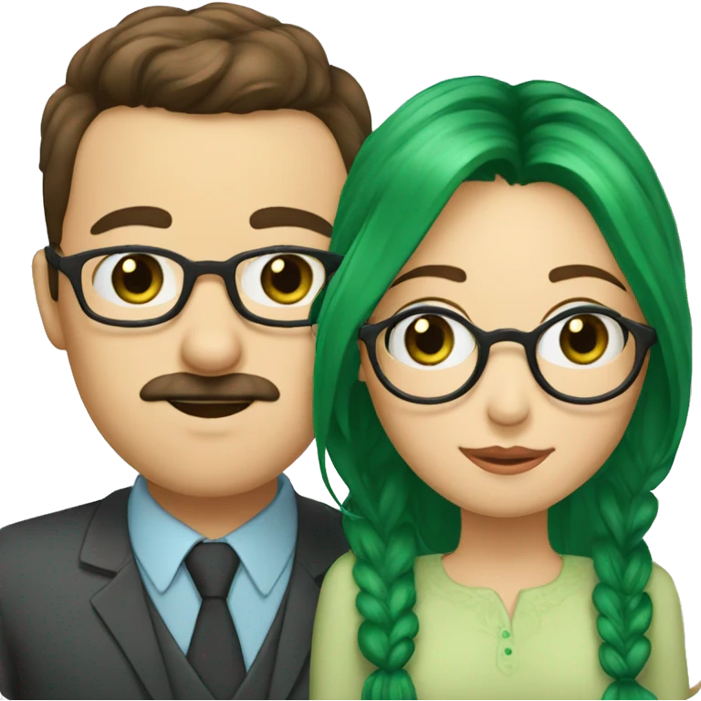 A man with brown hair blue eyes and a mustache is kissing a green haired girl who is thin with green eyes and wearing glasses emoji