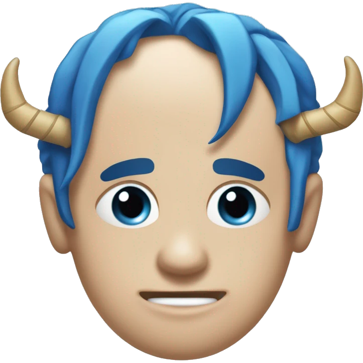 visage déterminé et expressif, avec des yeux intenses, des cornes rappelant celles d'un oni et de longs cheveux blancs teintés de bleu aux extrémités, souvent attachés en une queue de cheval haute. emoji