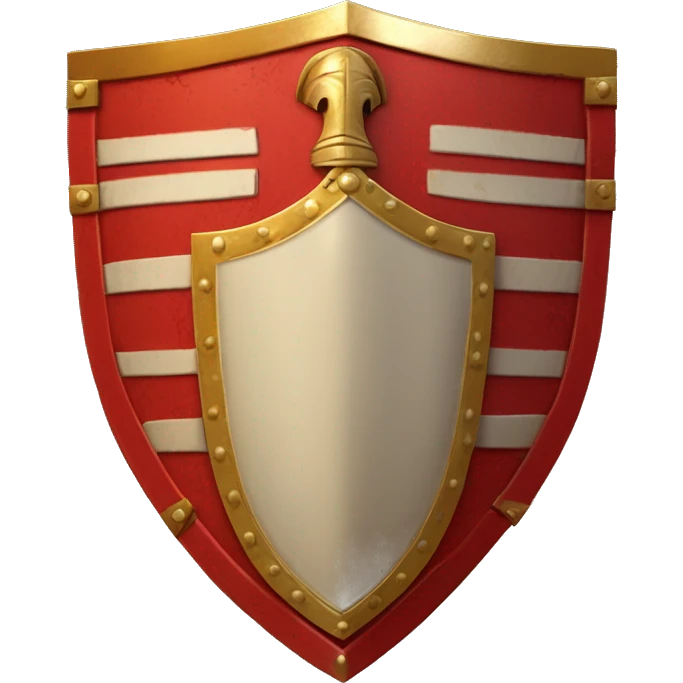 A bright red, rectangular-shaped Roman legionary shield with bold golden edges and a central gold boss. The shield features subtle geometric patterns and a worn texture, symbolizing both protection and battle readiness emoji