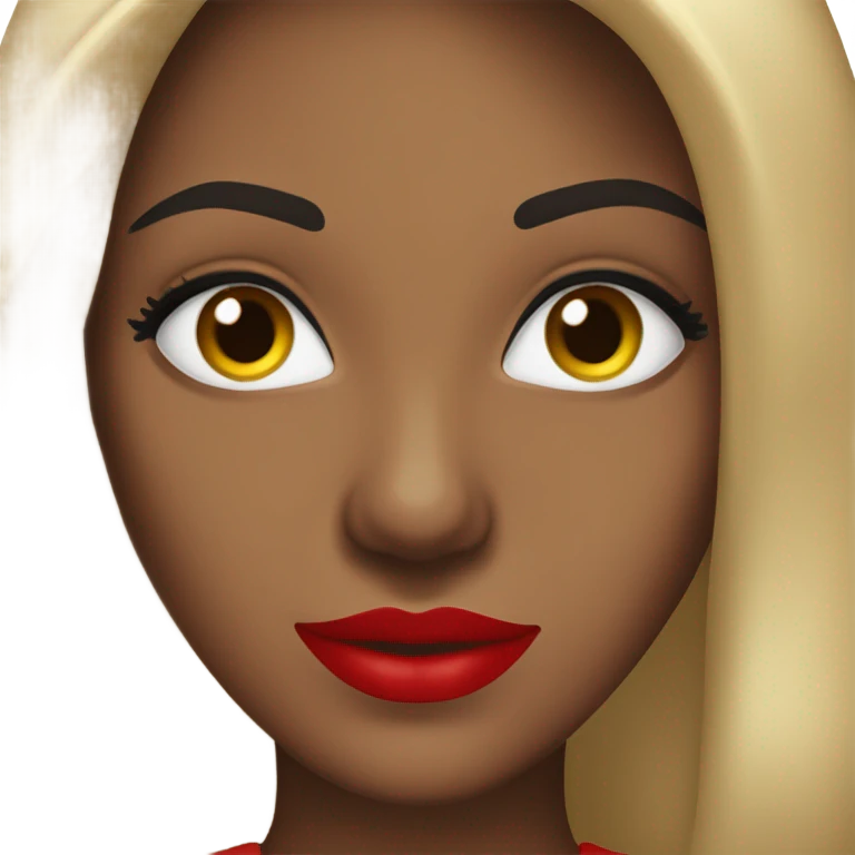 brown lady, medium brown long straight hair, red lips, eyelashes, wearing red “happy Valentine’s Day” t shirt emoji