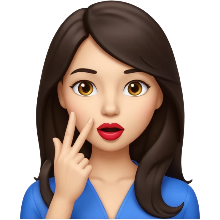 Create a glossy 3D emoji-style illustration of a glamorous brunette model inspired by Kendall Jenner (not identical), with long dark hair and defined features, making a “shh” gesture with her finger to her lips. Playful, mysterious expression, centered, transparent background. emoji