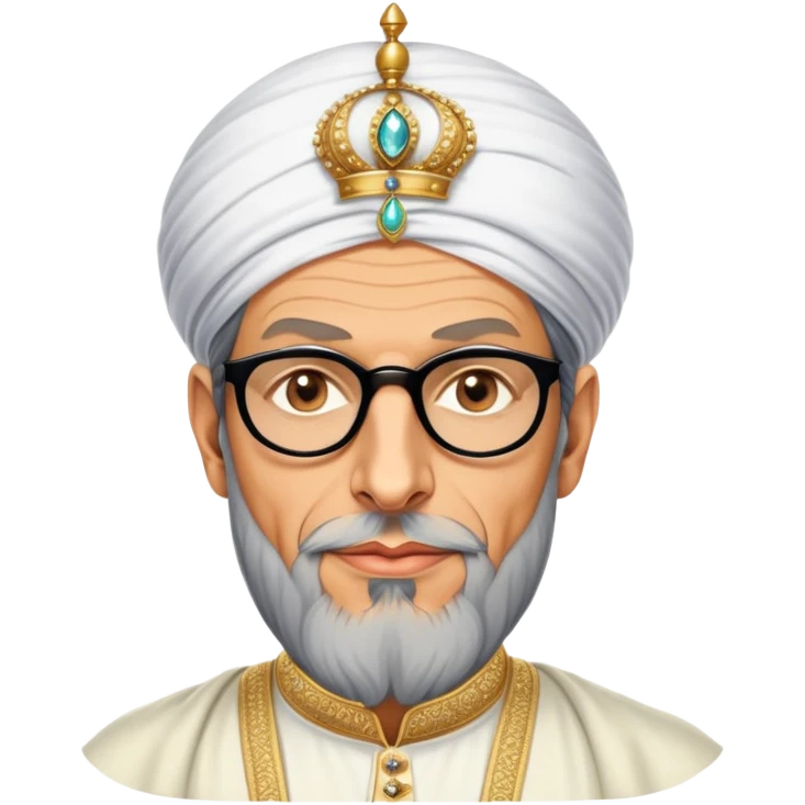 Jeff Goldblum no glasses as a regal portrait dressed as suleiman-the-magnificent,-depicted-as-a-regal-ottoman-sultan-adorned-with-a-large,-white,-round,-tall-turban-and-a-majestic-grey-beard,-his-commanding-gaze-bathed-in-warm,-historic-lighting-that-exudes-time with a large long beard **no glasses** emoji
