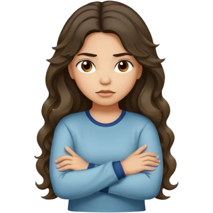 Hispanic light tan girl with long dark wavy hair with arms folded while pouting. Wearing a long sleeve. Hair with middle part. emoji