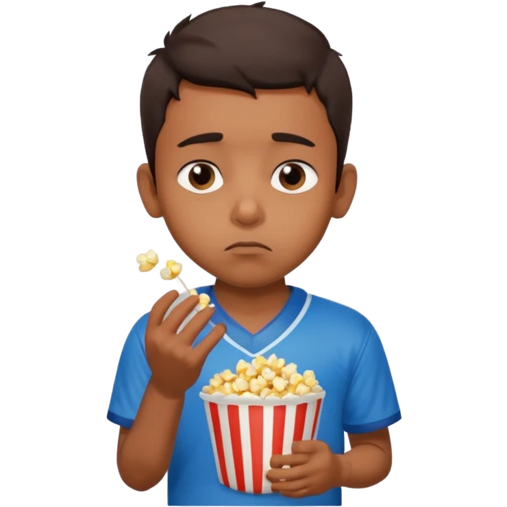 an indian boy wearing INDIAN cricket jersey and eating popcorn and looking sad emoji