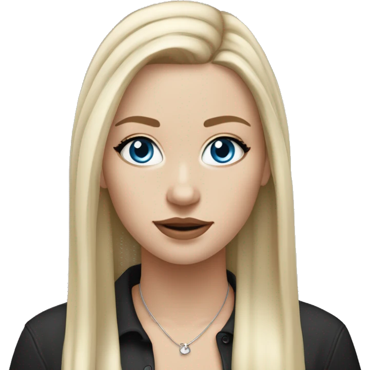 White girl with blonde hair and blue eyes and black long eyelashes with a silver hoop nose piercing and long straight hair with blonde highlights and wearing a black shirt emoji