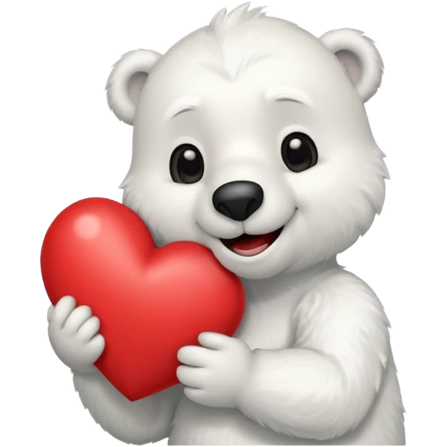Create a goofy polar bear mascot , holding a large red heart emoji