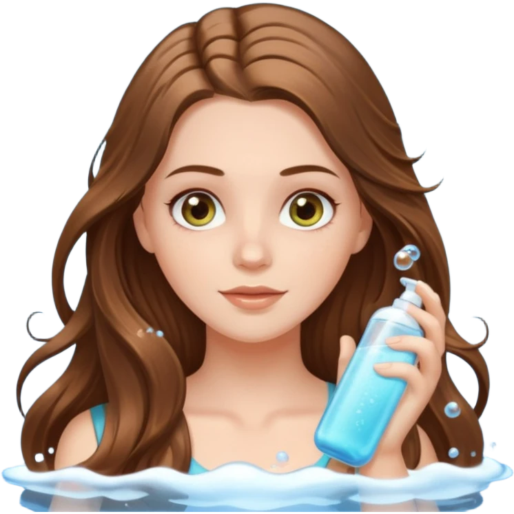 white long brunette hair girl with hazel eyes in the shower putting shampoo in with lots of bubbles emoji