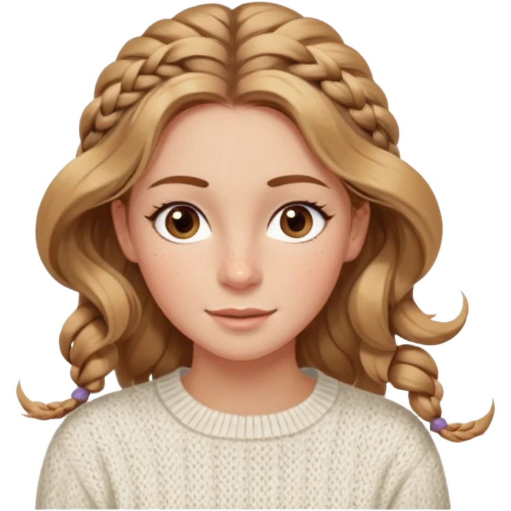 light brown hair blonde hair hazel eyes woman with a white cable knit sweater thatand one braid down her back  with tendrils of hair flowing down her face and she is happy pale, some freckles, blush. she has a cateye wing and long lashes she has eyeliner emoji