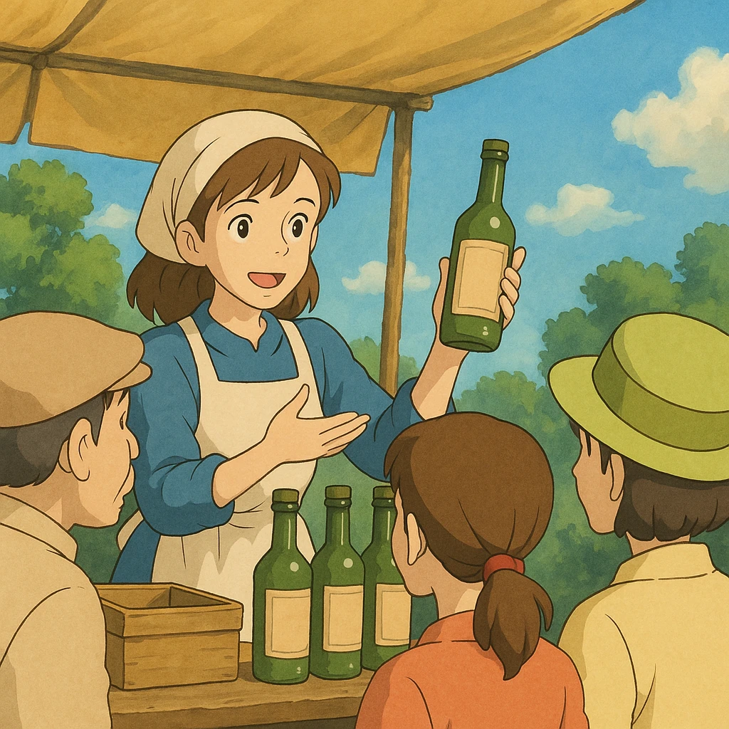 ghibli style woman promoting a product to customers outdoors emoji