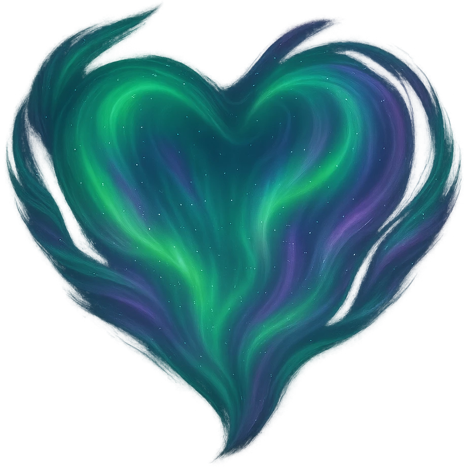 heart with a swirling aurora effect, digital illustration, no background, more green and purple emoji