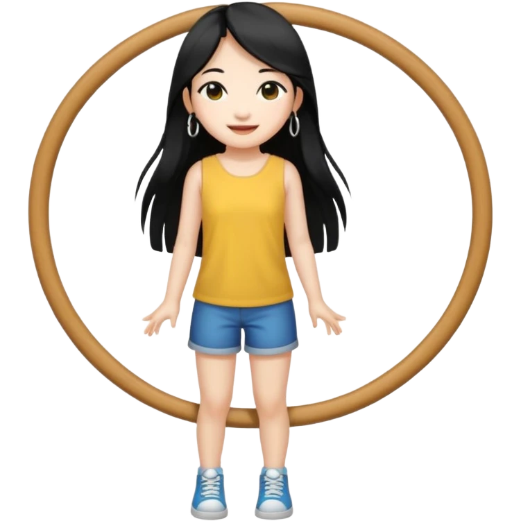 A Asian girl with fare skin and hoop earrings, long straight black hair with black eyes, smiling, full body emoji