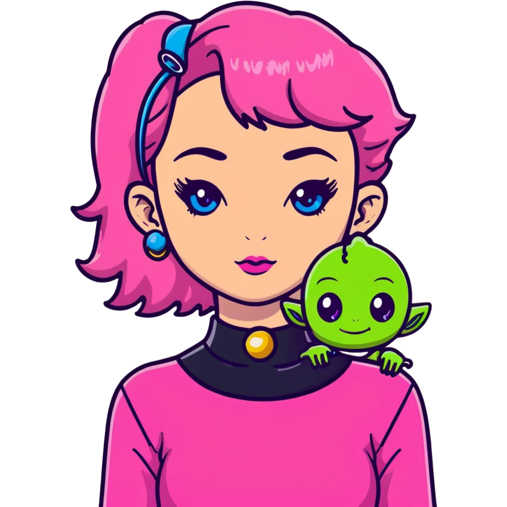 girl with blue eyes, pink makeup, narrow eyebrows, earrings, green alien head choker, black and pink blouse, curly shoulder-length hair, half hot pink half ginger, short straight baby bangs emoji