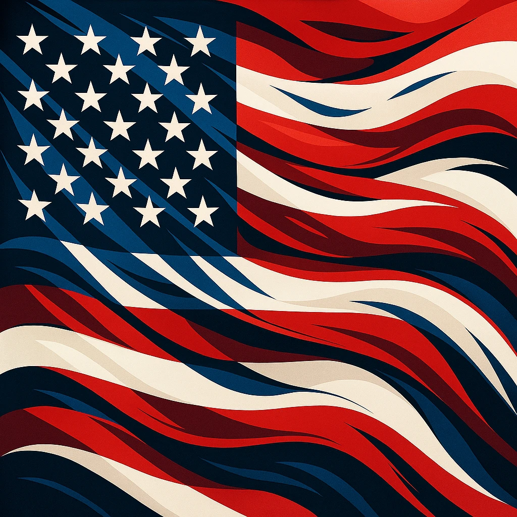 American flag, stylized version, modern interpretation, bold colors, iconic design emoji