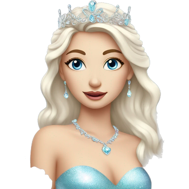 Gorgeous pastel Lady with blue eyes in a sparkly shiny dress with tiara and necklace and flowers behind her and trending  emoji