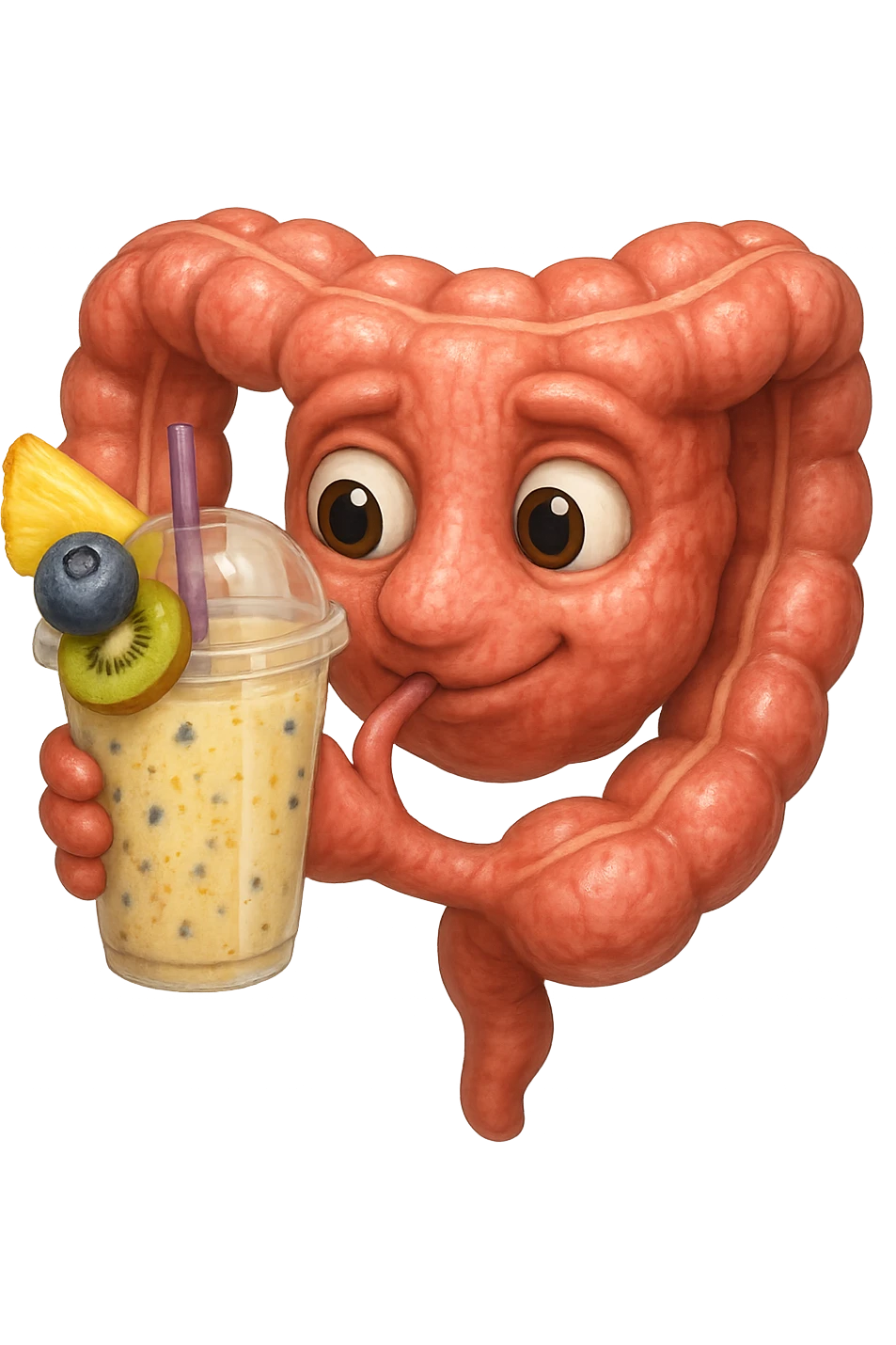 EMOJI STILE IPHONE DI un intestino umano anatomico che beve un frullato di mirtilli, ananas, kiwi, fagli anche la parte bianca degli occhi, non solo le pupille, REALISTICo 4K emoji