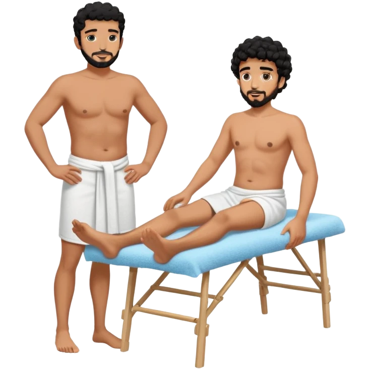 Gebräunter Manm nur mit handtuch um den unterkörper (araber mit schwarzen locken und ziegenbart) bekommt ganzkörpermassage von einem anderen mann emoji