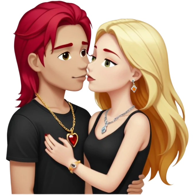 close-up of young couple kissing, girl with long cherry red hair and blonde eyebrows, gold A necklace, diamond ring, red bracelet, boy with stark white hair, silver ring with black stone, dark t-shirt emoji