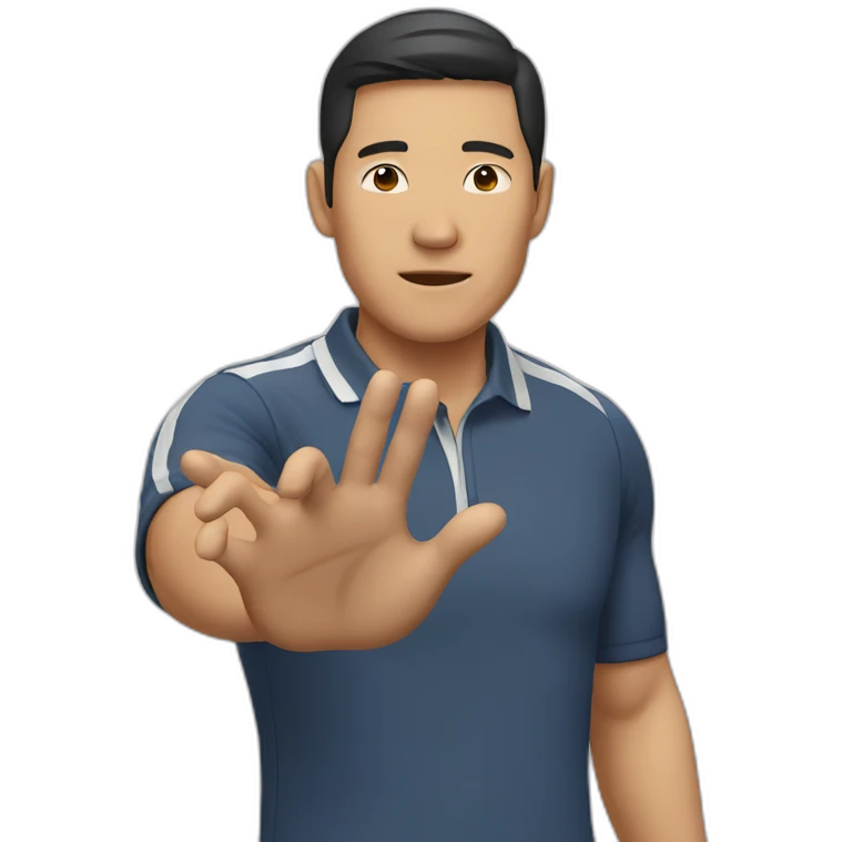 Asian man, coach, shows stop with his hand emoji