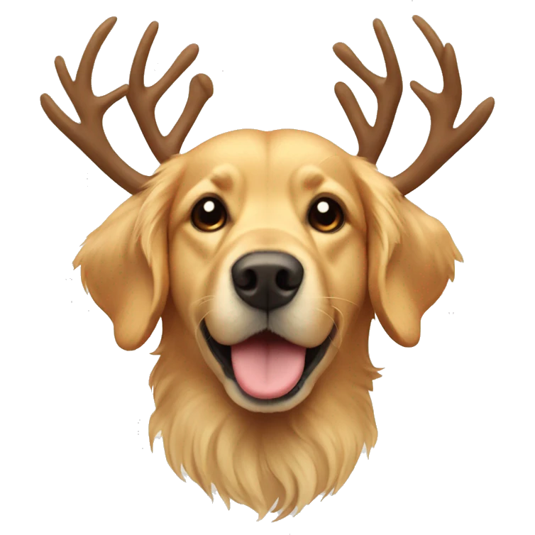 Golden retriever wearing reindeer antlers emoji