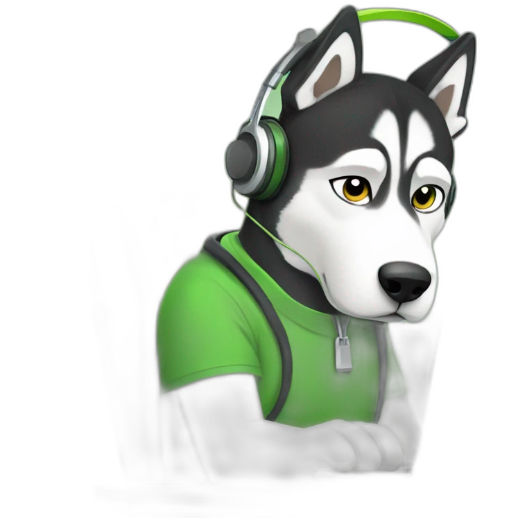 tired husky with headphones in a green T-shirt typing on the keyboard emoji