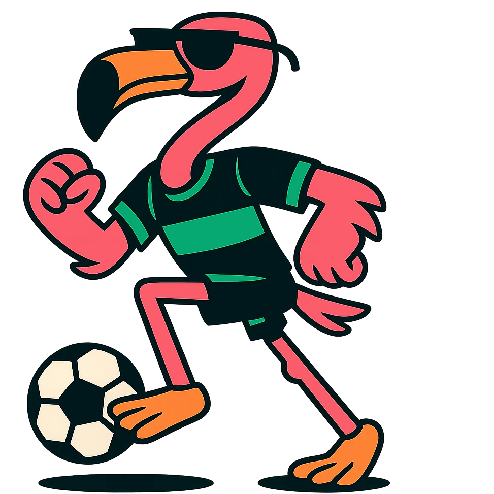 flamingo soccer player in sunglasses and a black and green jersey emoji