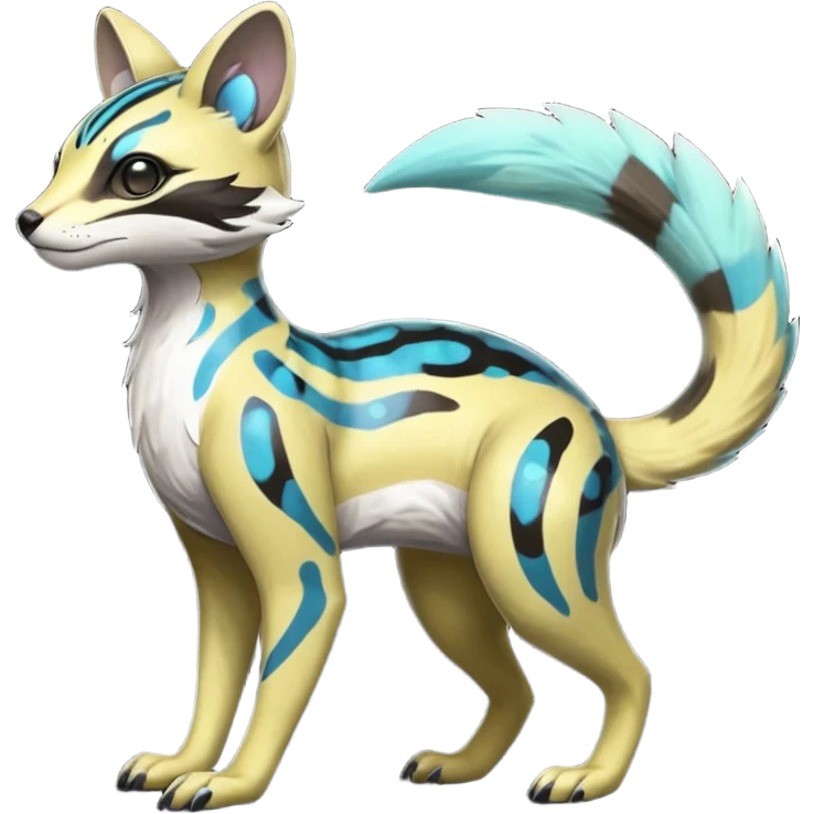 Rare realistic shiny lush exotic cute edgy epic pretty futuristic beautiful handsome gorgeous aesthetic modern colorful vibrant cyber-Vernid-Protogen-Primagen-Wickerbeast-Genet-Trico-species-Fakemon-hybrid-creature by LiLaiRa, beautiful intricate markings, full body emoji