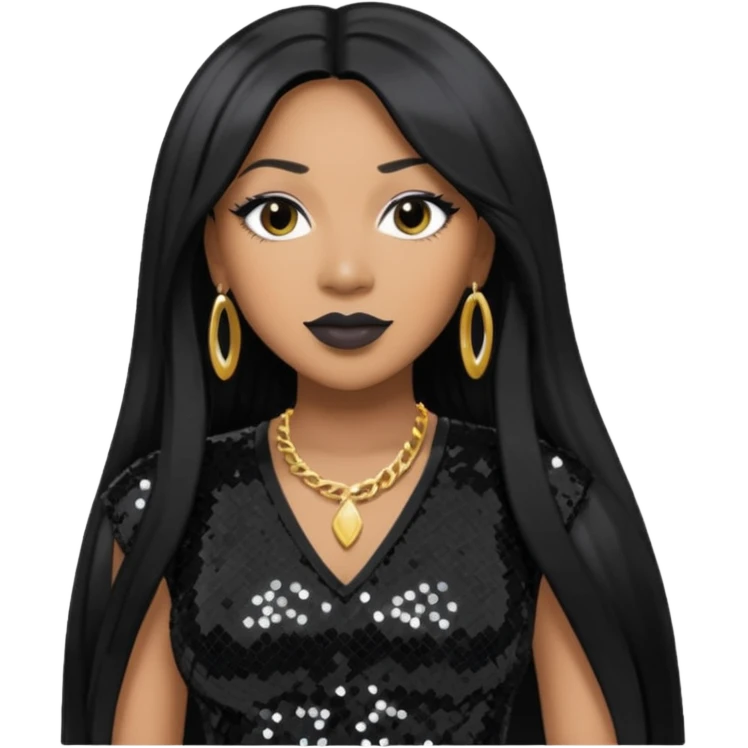 Taj from SWV with long black hair, black sequin outfit emoji