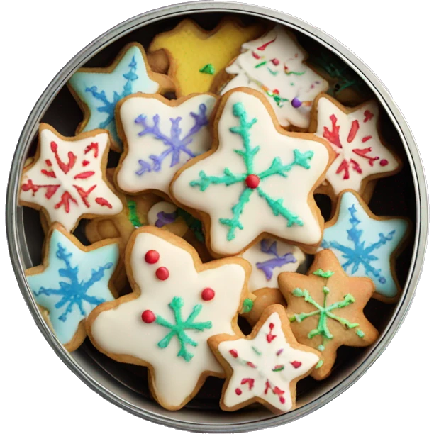 Frosted colorful christmas cookies in a round tin emoji
