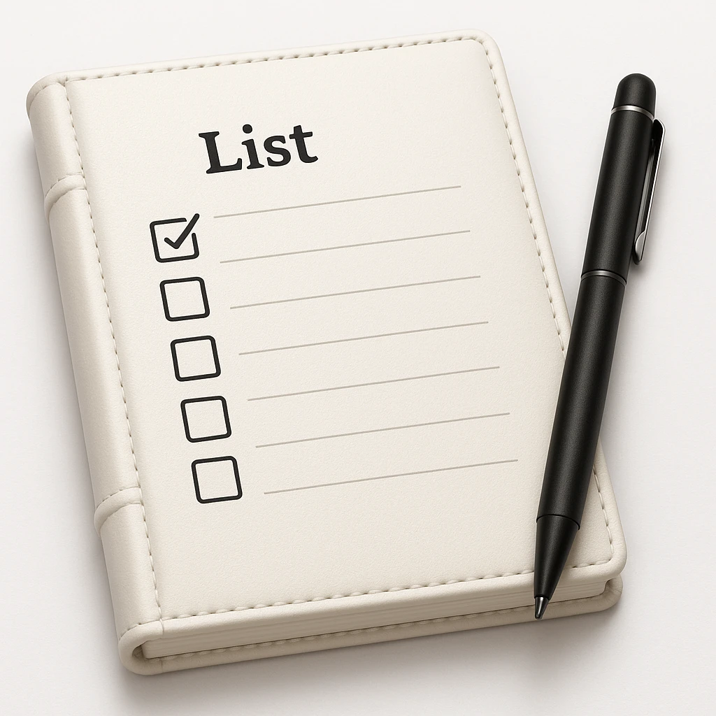 emoji of white leather notebook with some list on it and a black pen nearby emoji