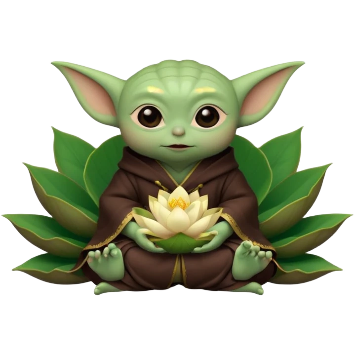 Baby Yoda con su tunica chocolate oscuro sentado dentro de una flor de loto estilo chino emoji