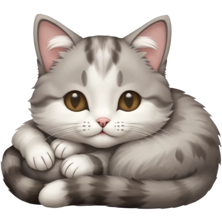 grey and white small cat with eyes closed lying down upside down with its head resting on its paw emoji