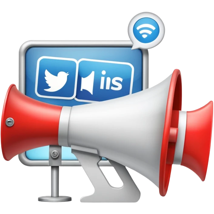 An icon featuring a megaphone, a billboard, and social media icons, symbolizing advertising and public relations. The design includes a press release and a rising graph, representing brand promotion and communication strategies. Transparent background highlights media influence and outreach. emoji