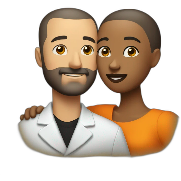 “White man with a buzz cut and skin fade, thin beard, and well-defined mustache by a barber, embracing his Black wife with very straight hair and large orange earrings.” emoji