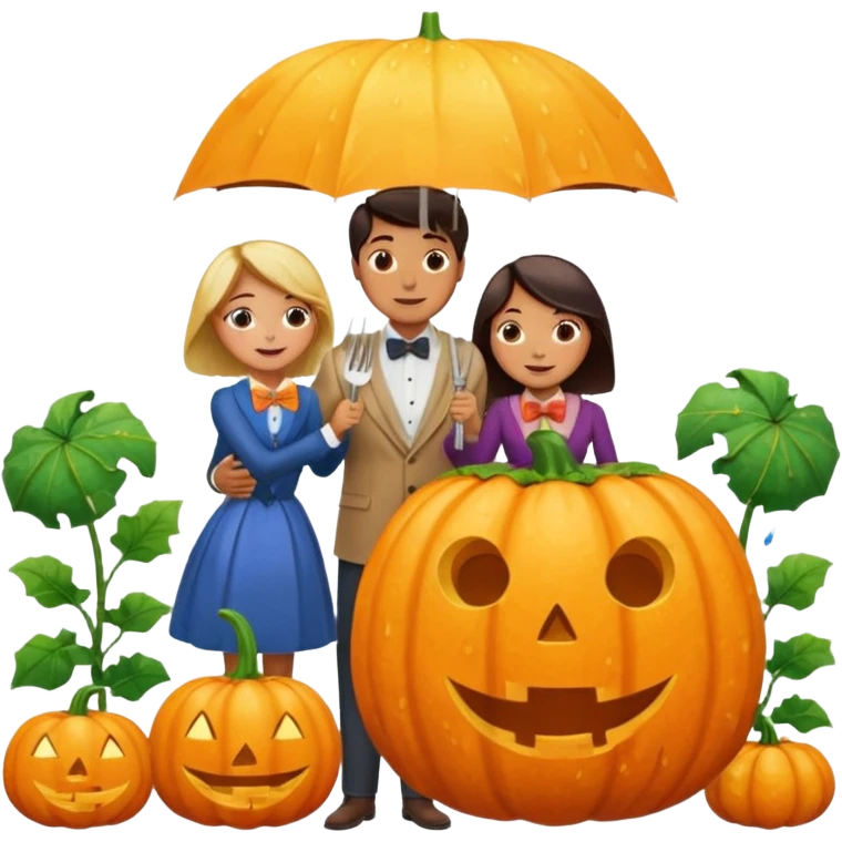 Make a guy hugging a giant pumpkin with a fork in his right hand while there's fire while there's a lady watching while it's raining while there's an umbrella on the ground that's alive and the sun has a bow tie on his neck emoji