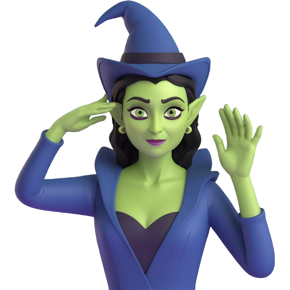 Elphaba, green witch, hand on head, waving, Ozdust Ballroom scene, confident expression emoji