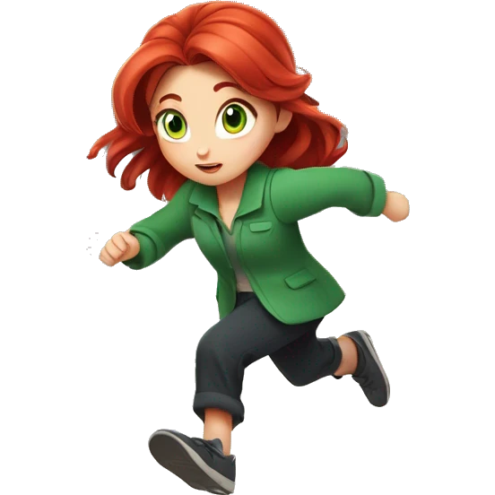 Cute Girl, Big green eyes, Long red hair, Green loose fitting pantsuit Running, Disney anime style, cinematic lighting emoji