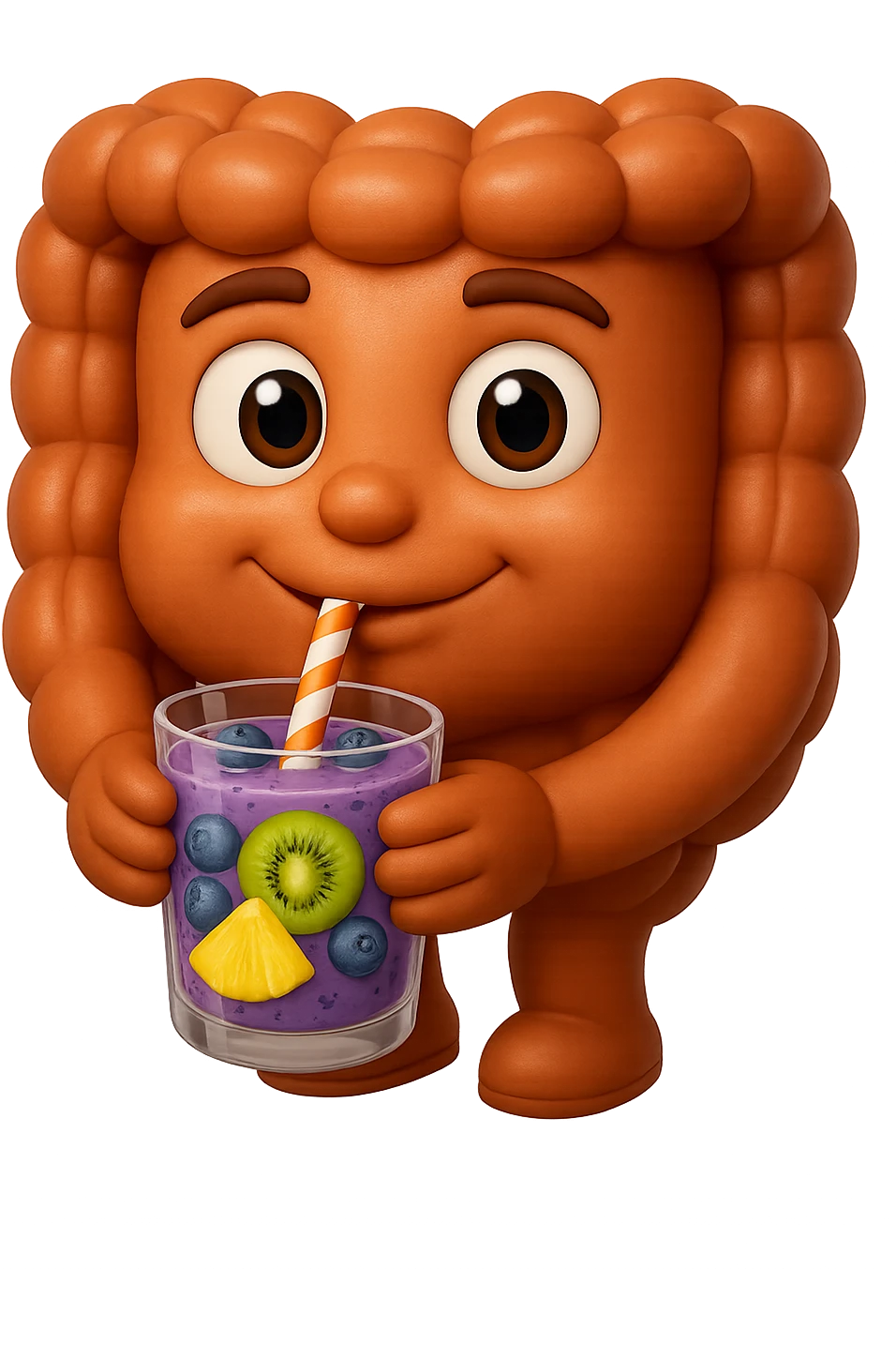 EMOJI STILE IPHONE DI un intestino umano anatomico che beve un frullato di mirtilli, ananas, kiwi, fagli anche la parte bianca degli occhi, non solo le pupille, REALISTICo 4K emoji