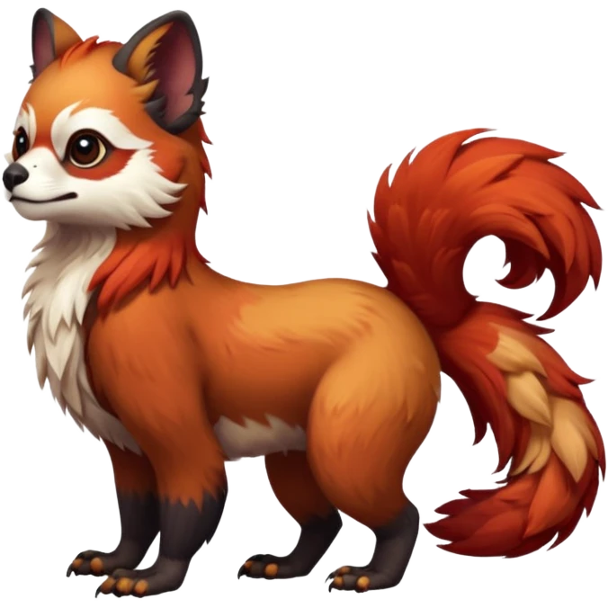 A beaked beaky 4-legged, feral, digitigrade, lanky, elegant, Gryphon-Griffin-Griff-Avian-hybrid, with Red-Panda-colors and markings, full body, cute, realism, with a long thin tufted tail, hyper-realistic  emoji
