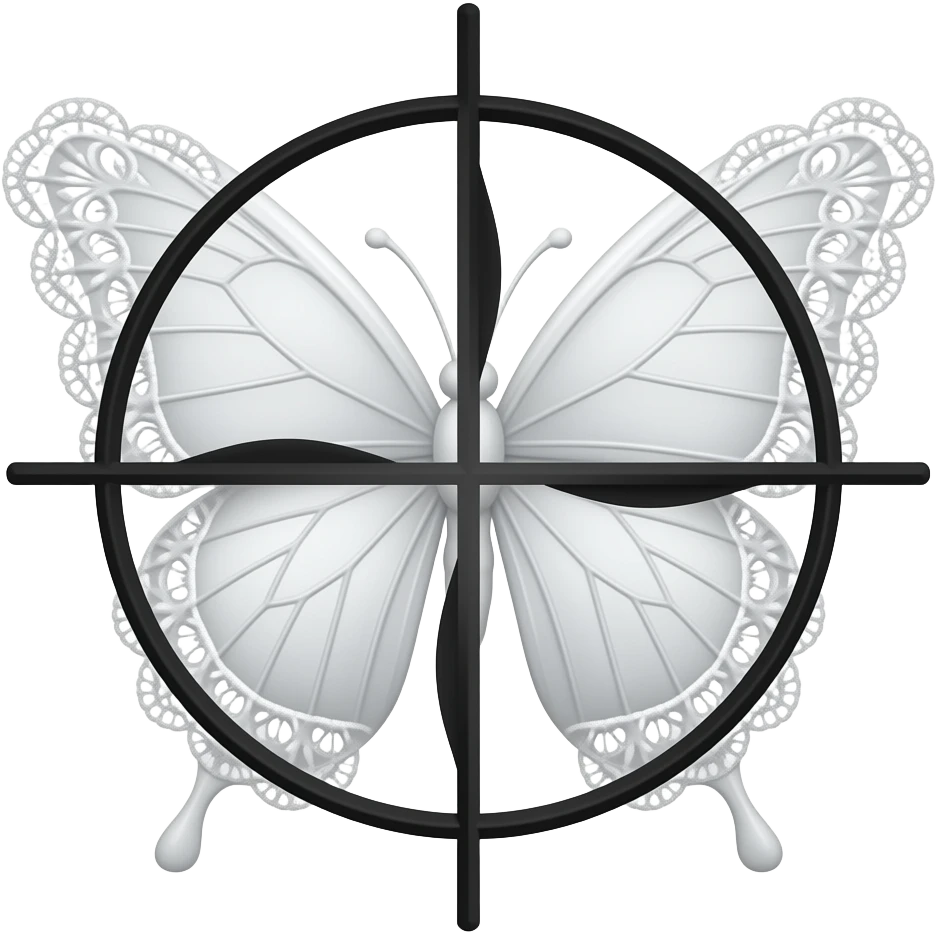 subtle elegant white butterfly, 3D emoji gothic butterfly, white velvet, white filigree, white lace trim, black sniper crosshair overlay emoji