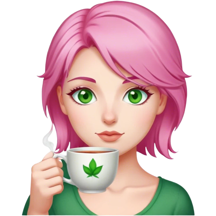 Pink long haired woman with green eyes drinking a cuppa tea  emoji