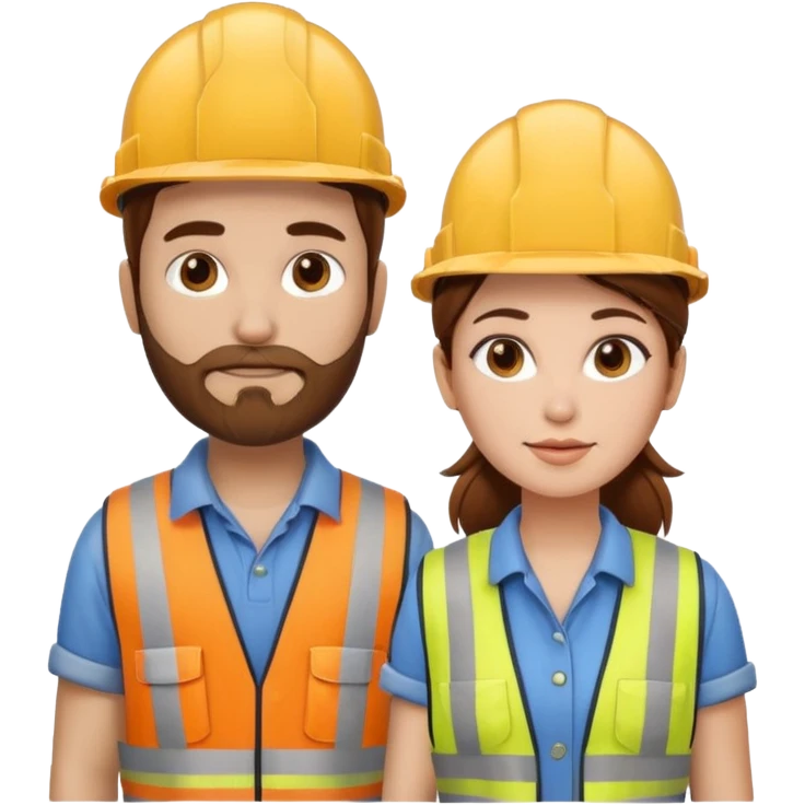 me haces una mujer pelo marron y un hombre con barba , que ambos esten vestidos como constructores de obra que sean blancos de piel  emoji