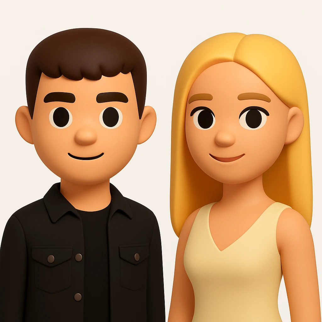 In the style of 3D Emoji, slightly increase the volume of the upper body of the girl, separate the girl and the boy from each other, and make the skin color the same for both characters. The style should reflect the Microsoft style 3D fluent emojis with concise and clear features. emoji